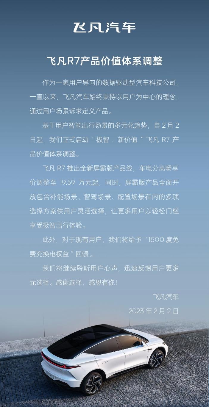 年內(nèi)二次降價(jià)，飛凡R7起售價(jià)降至19.59萬元起